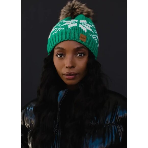 ($15) Pom Pom Hat - Green & White Snowflakes - Picture 1 of 3